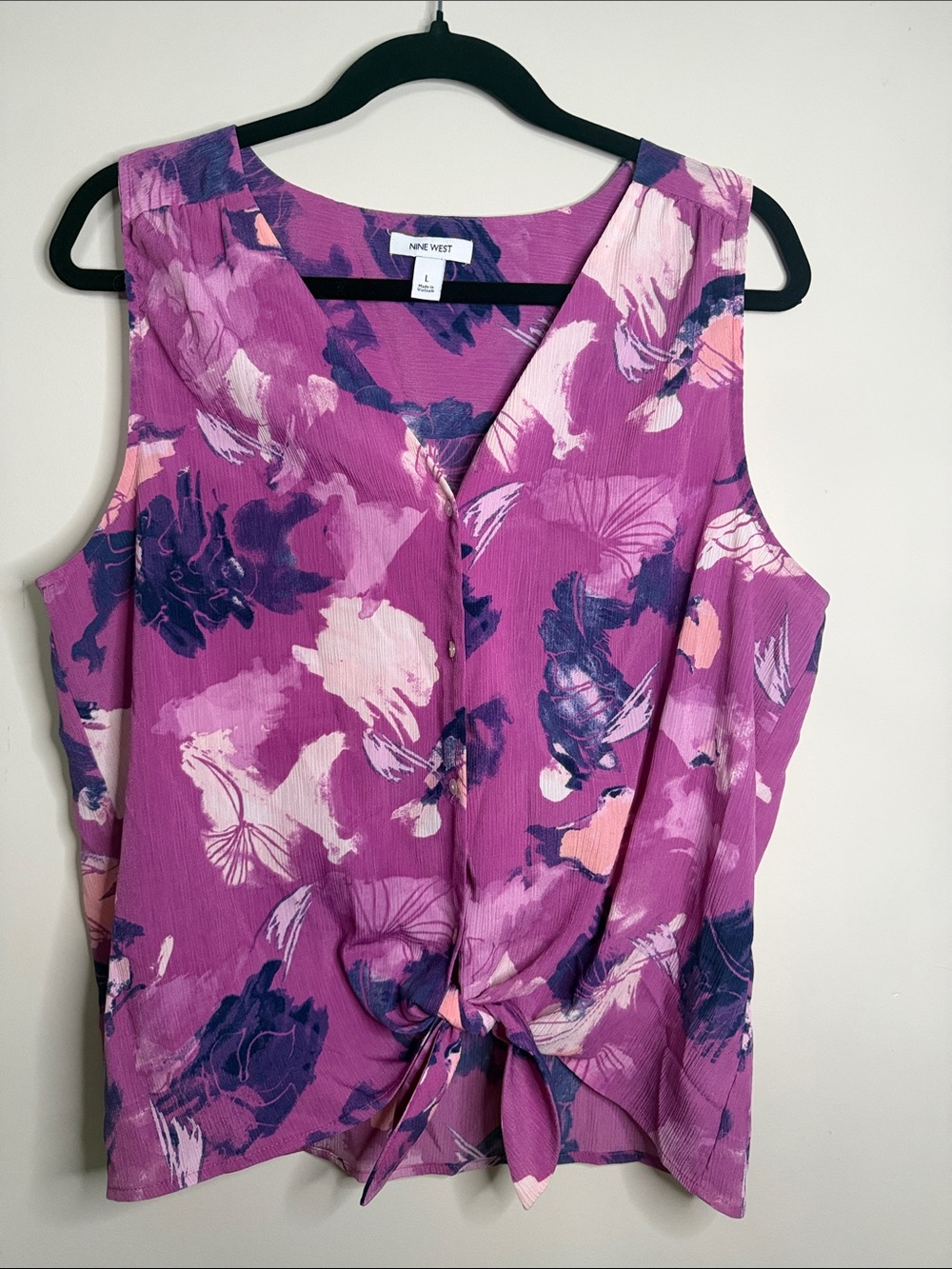 Nine West Pink-Purple Floral Tie-Front V-Neck Sleeveless Tank